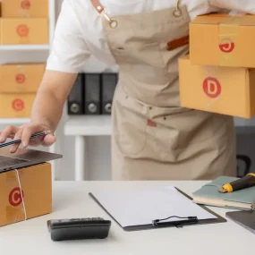 Person with boxes and laptop